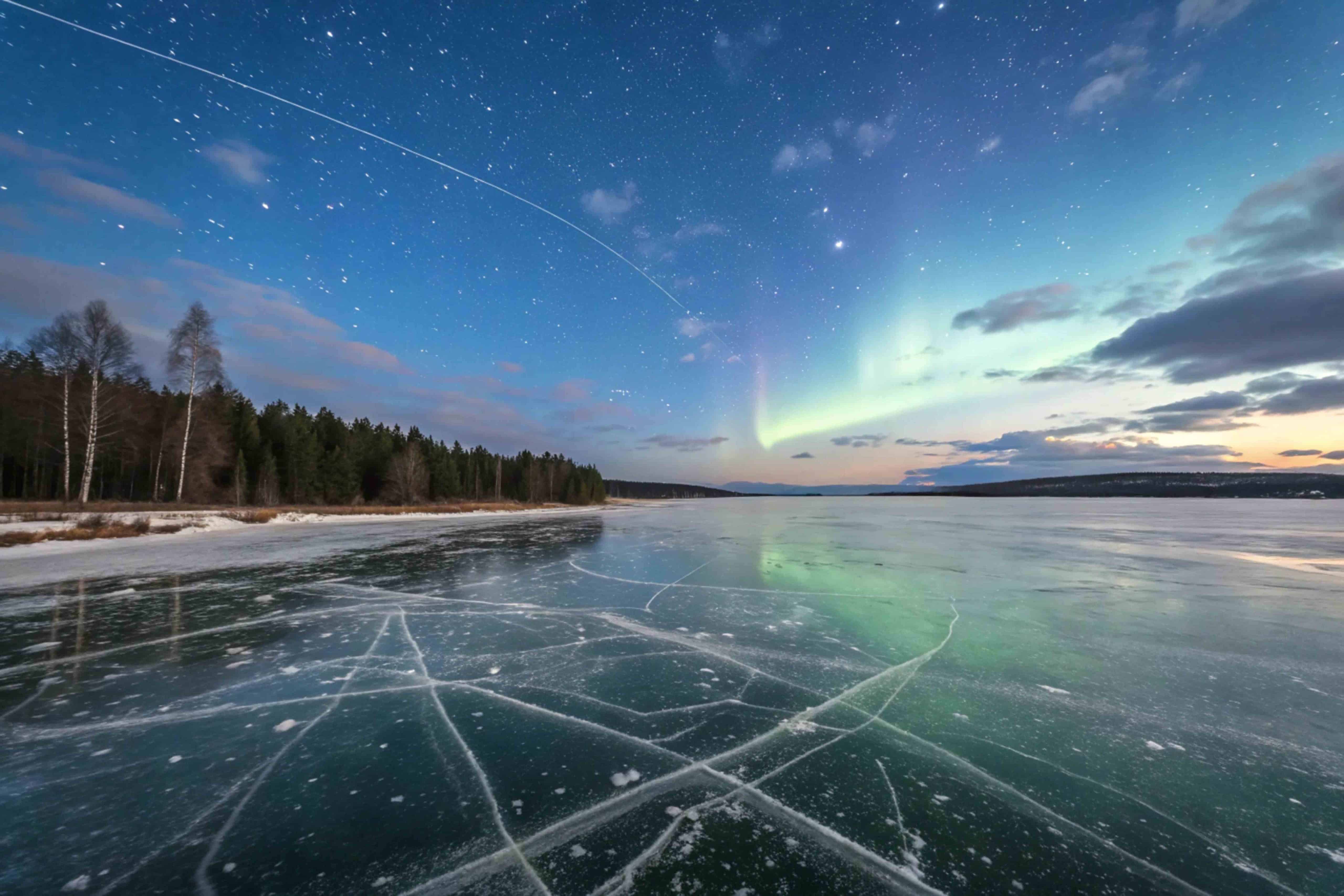 frozen lake aurora borealis starry