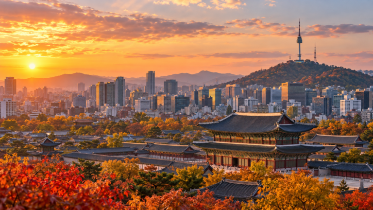 首爾南山首爾塔與韓國宮殿秋景