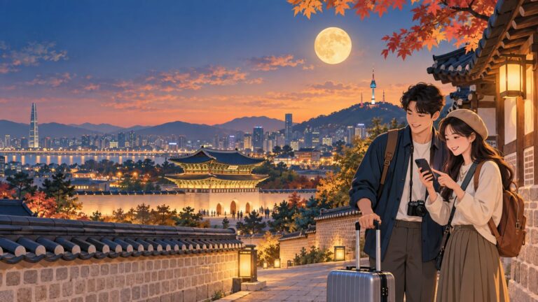 韓國中秋連假旅遊情境，旅客在首爾查看手機行程