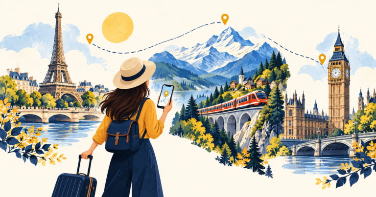 旅客持手機規劃歐洲旅程，背景為巴黎、阿爾卑斯山與倫敦地標插畫