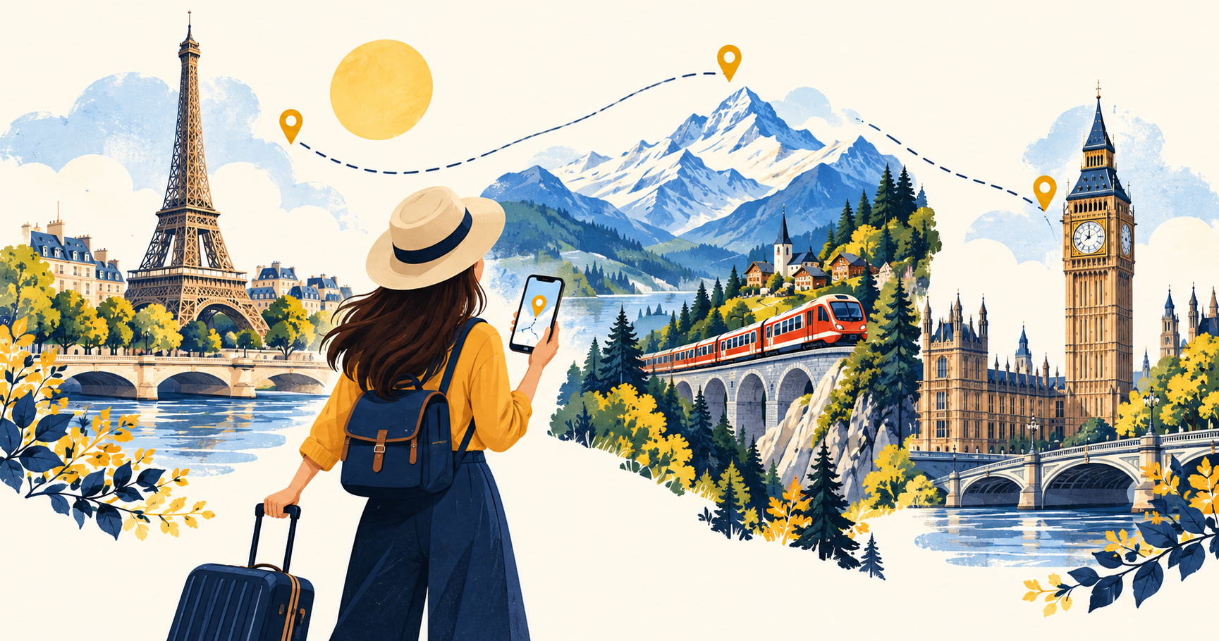 旅客持手機規劃歐洲旅程，背景為巴黎、阿爾卑斯山與倫敦地標插畫